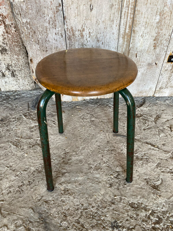 Tabouret Industriel Ancien MULLCA Style Jean PROUVE Métal + Bois Vinta