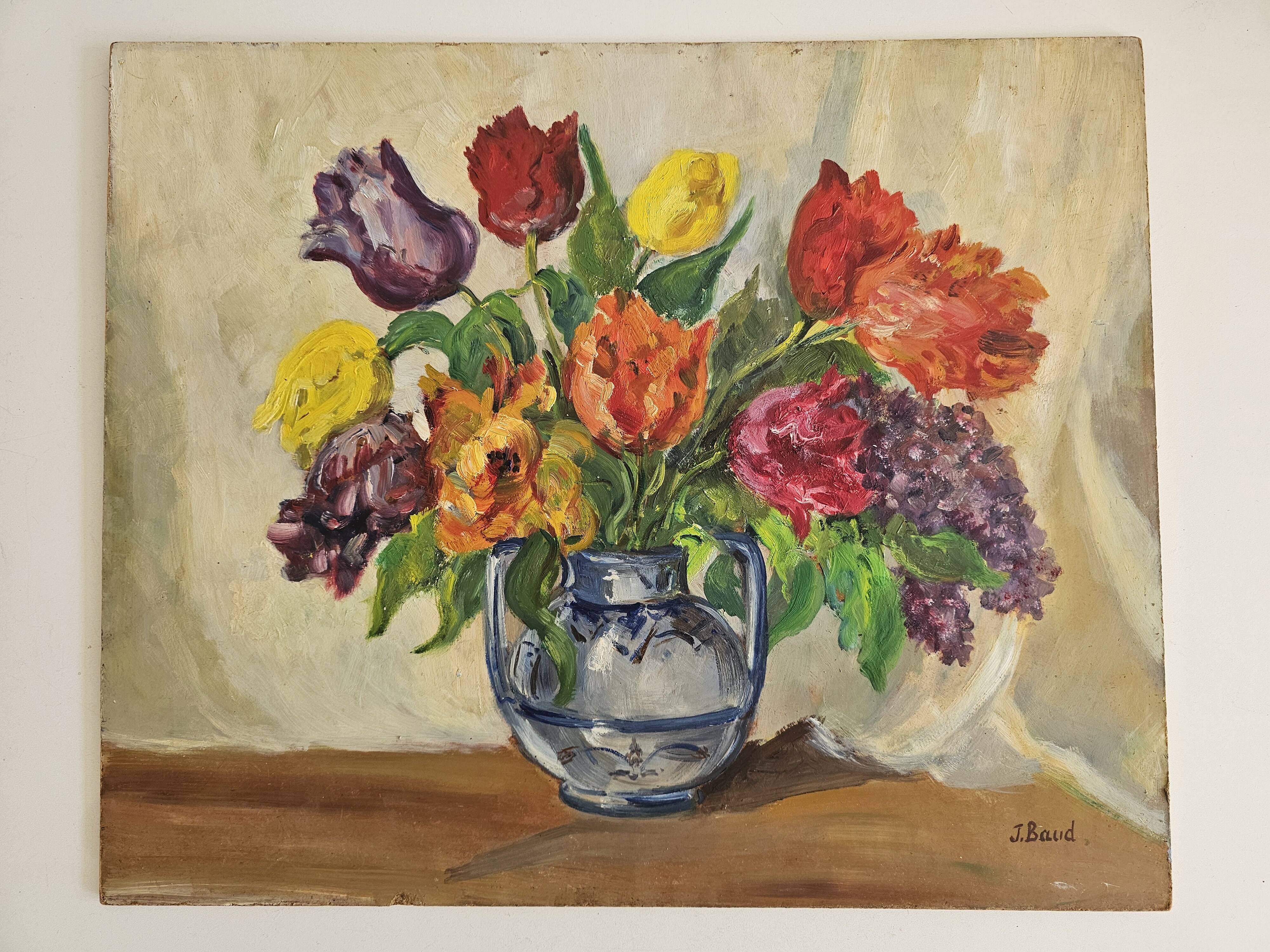 Oil Painting on Isorel - Bouquet of Tulips & Lilacs Signed J Baud