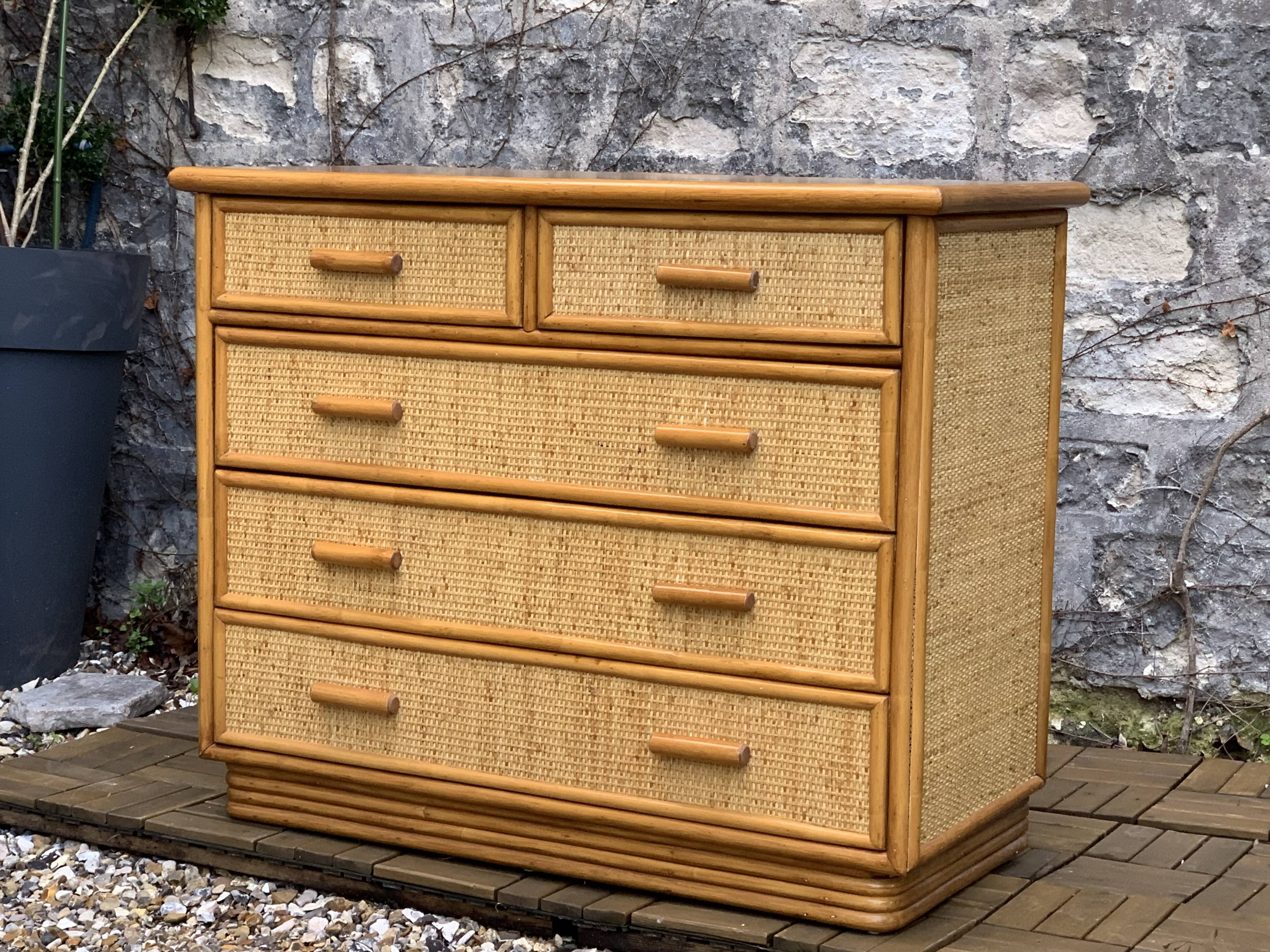 Vintage rattan and woven wicker chest of drawers 1970