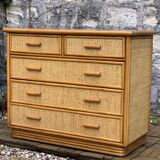 Vintage rattan and woven wicker chest of drawers 1970