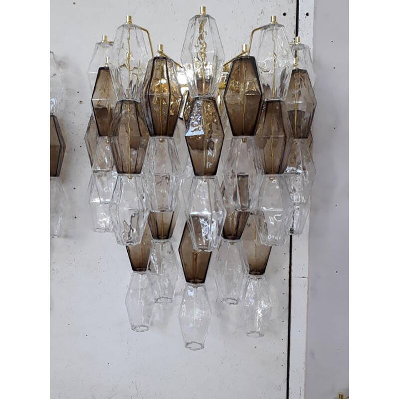 Set of Two Contemporary Transpaernt and Fumè "Poliedro" Murano Glass Wall Sconces