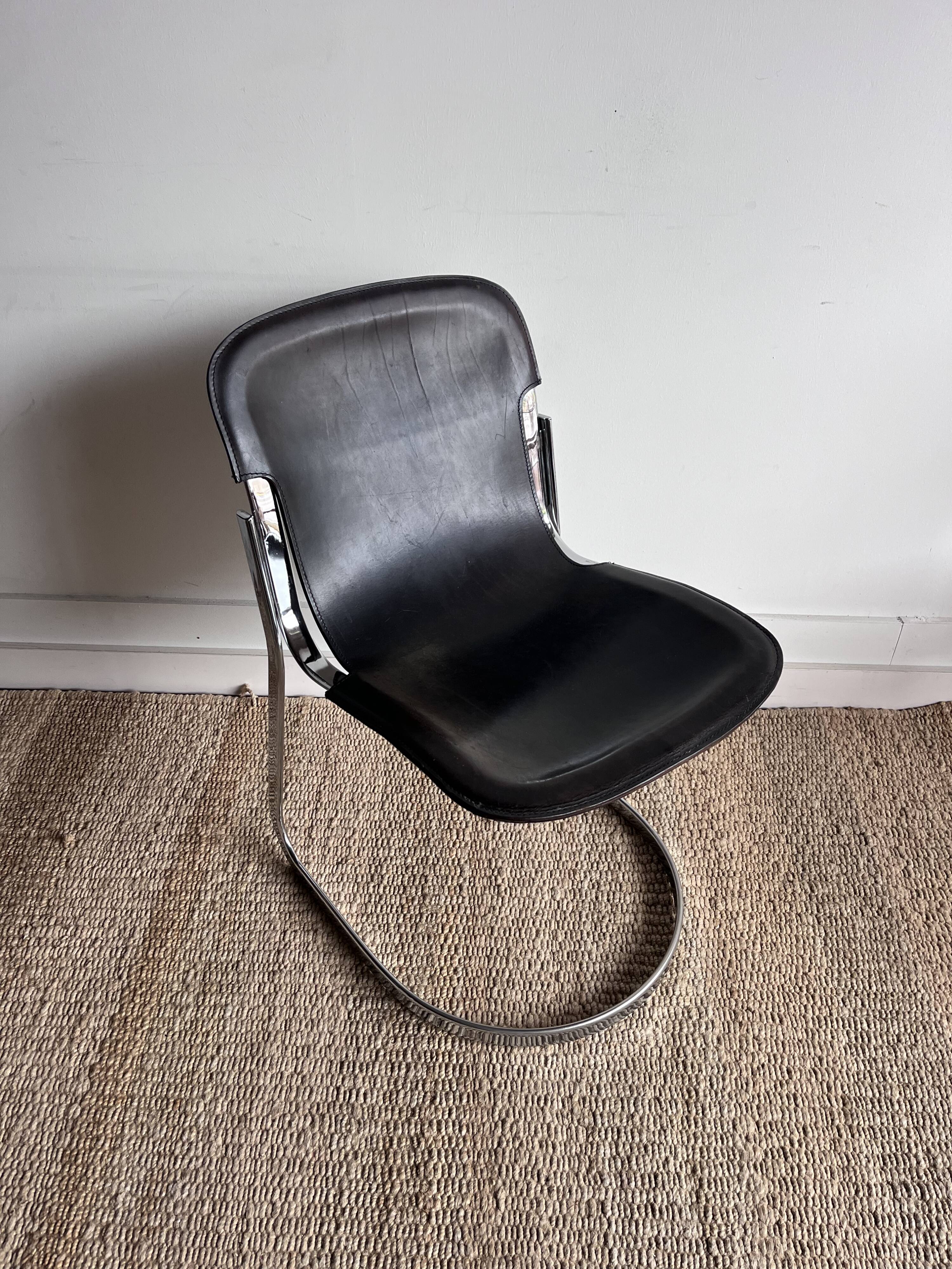 Chrome and Leather Chair by Willy Rizzo for Cidue — Italy, 1970s