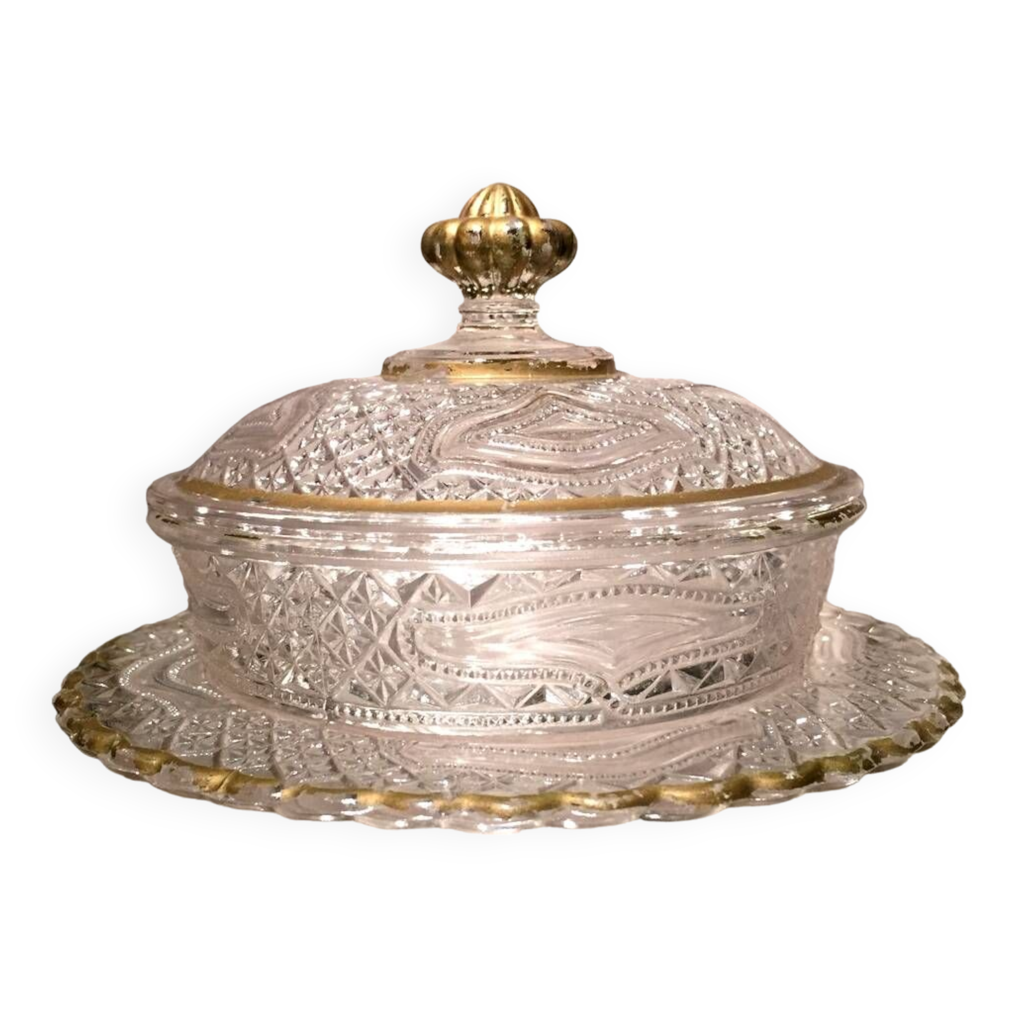 Butter dish or candy dish in pressed glass molded with golden rim