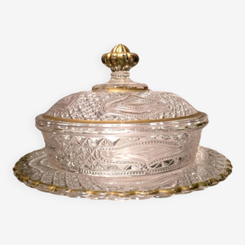 Butter dish or candy dish in pressed glass molded with golden rim