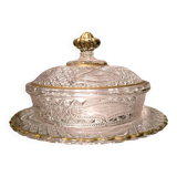 Butter dish or candy dish in pressed glass molded with golden rim