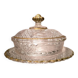 Butter dish or candy dish in pressed glass molded with golden rim