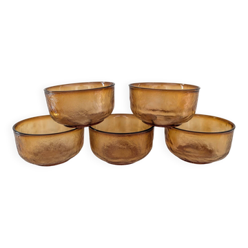 5 textured amber glass bowls – France, 1970s