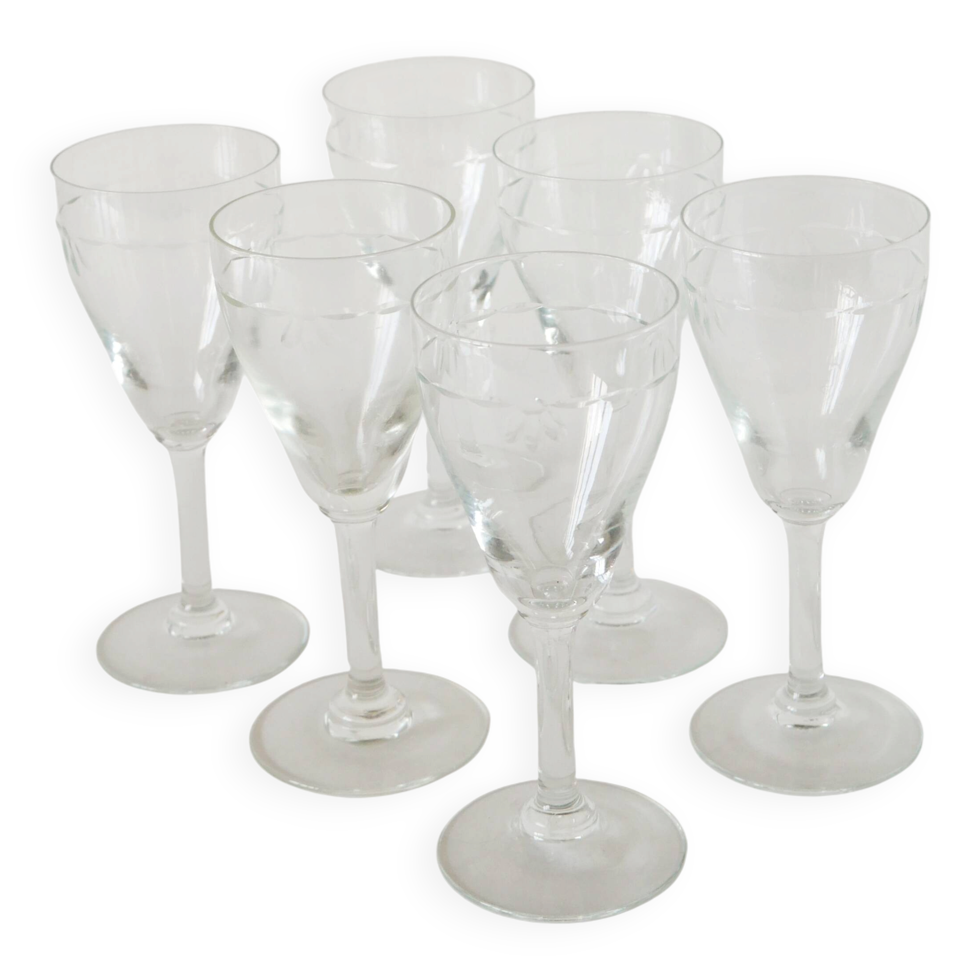 Set of 6 engraved crystal wine glasses, 1950.