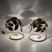 Hollywood regency set of 2 brass leaves table lamps, Bottega Gadda Italy, 1970s