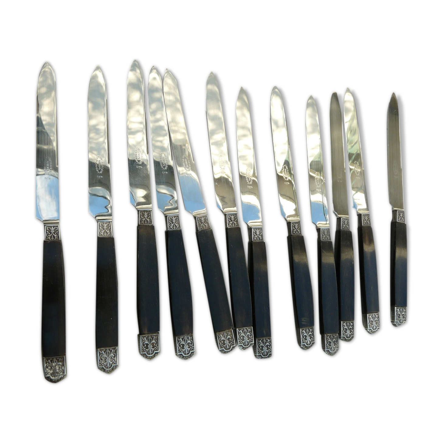 Set de 24 anciens couteaux de table manche corne virole argent coutellerie thiers Selency