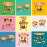 Pair of tripod coffee tables in rattan from the 1950s.