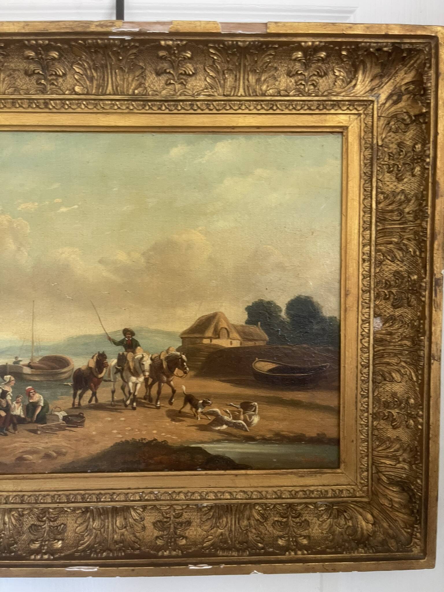 Old Painting French School Marine Port 19th Century Gaultier
