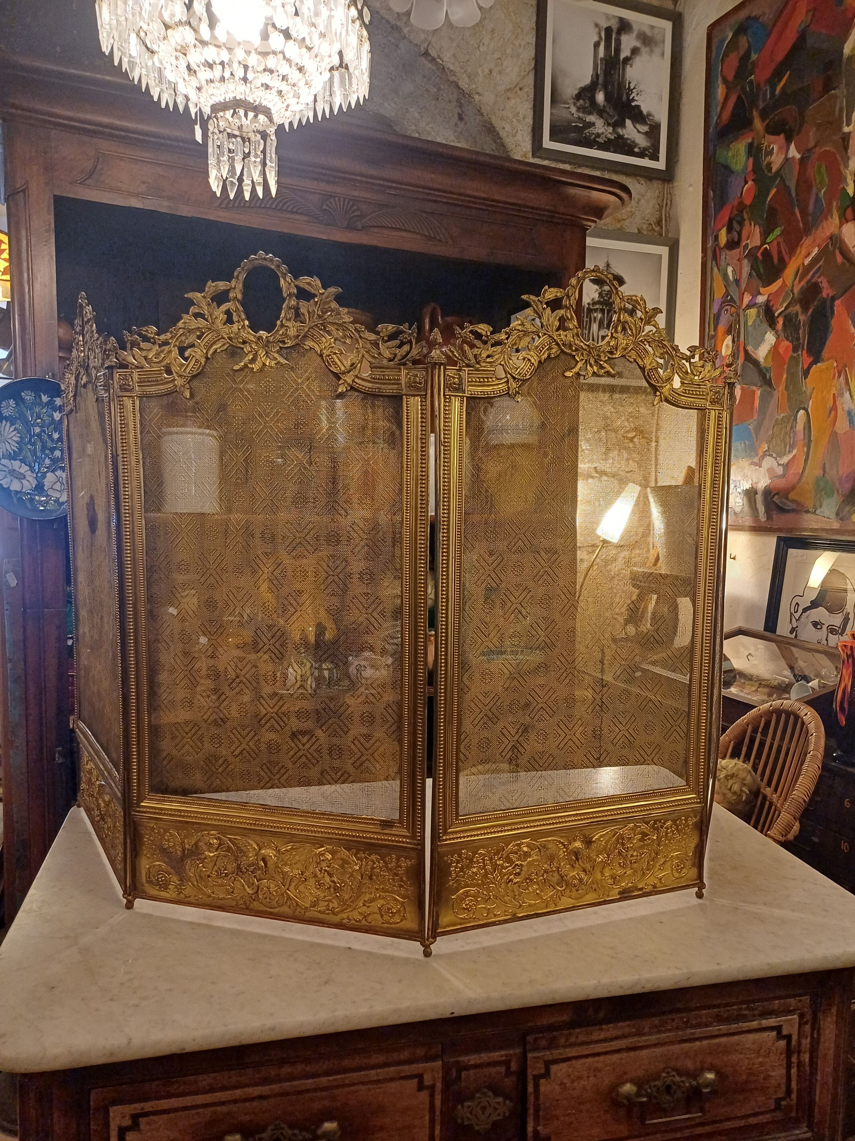 Very Beautiful Fireplace Screen 154 cm/77 cm in Bronze and Brass - Period 1880