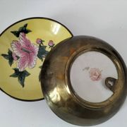 A pair of vintage Chinese decorative plates with floral designs on a yellow background.