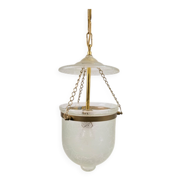 Vintage Brass and Mounted Glass Hundi Lantern Bell Lamp, 1950s