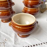 6 lion head bowls in ceramic, vintage brown style Emile Henry, made in France.