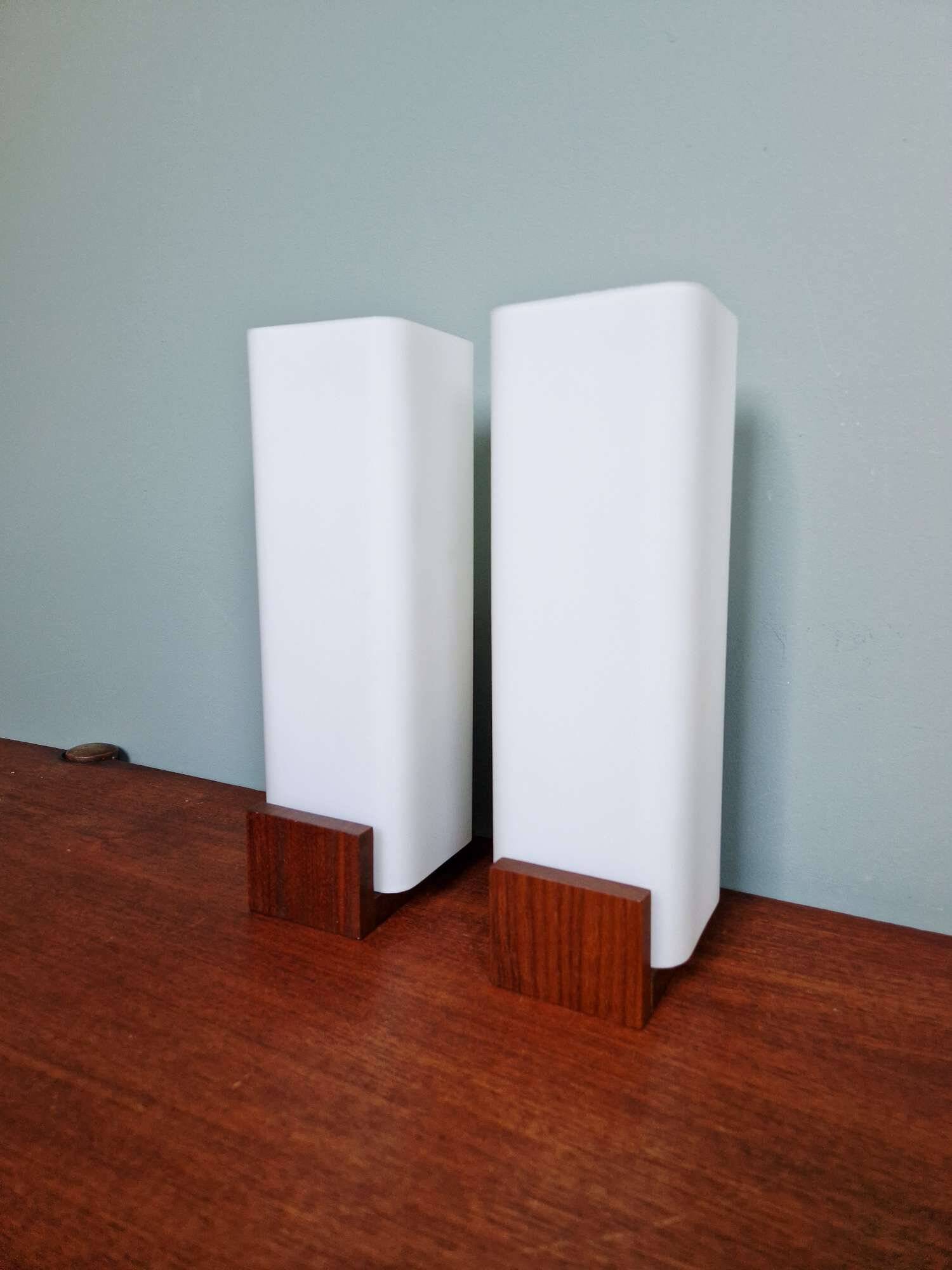 Pair of teak and white opaline wall lights, designed by Louis Kalff, 1960