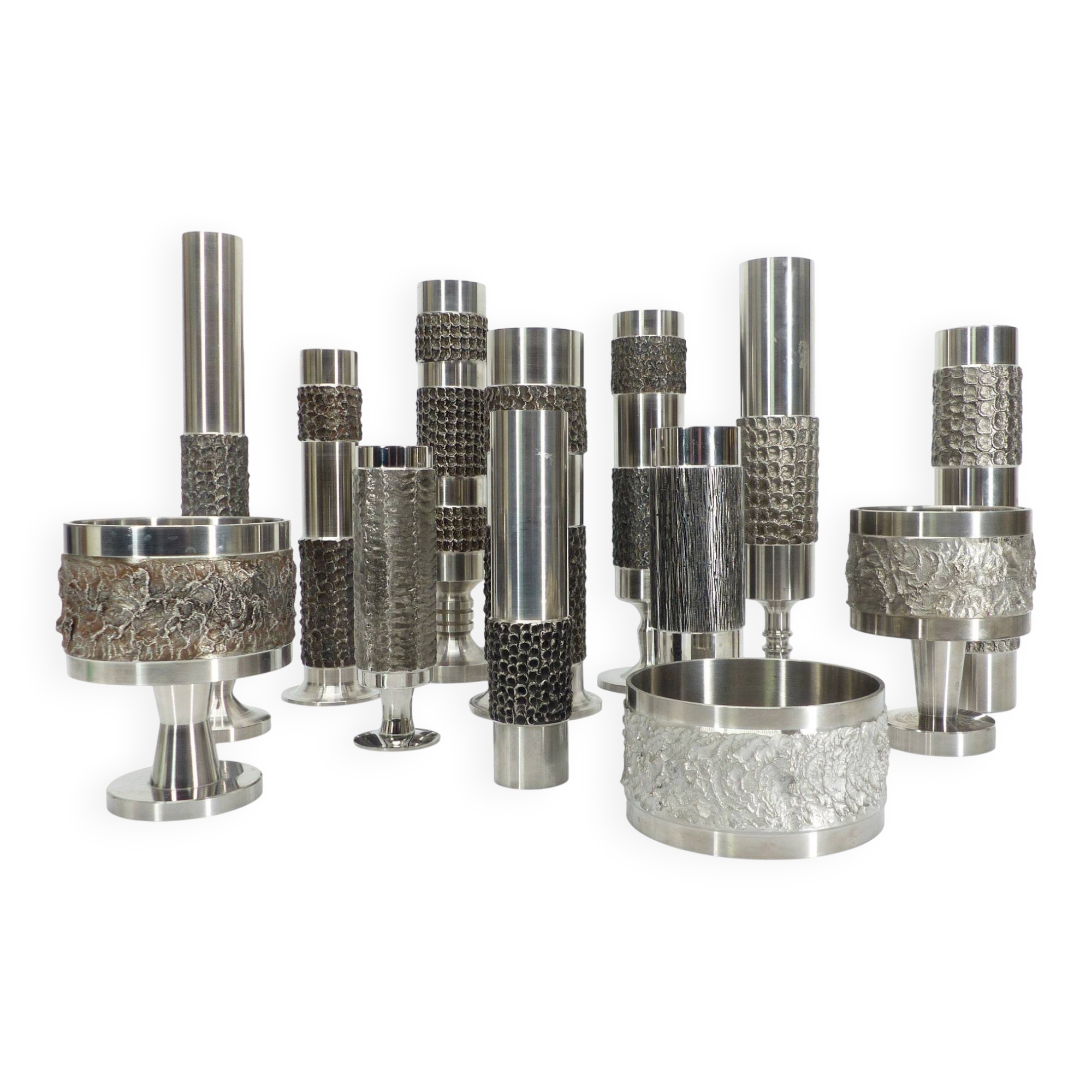Set of 13 brutalist Space Age vases in steel – BMF, Germany, circa 1970