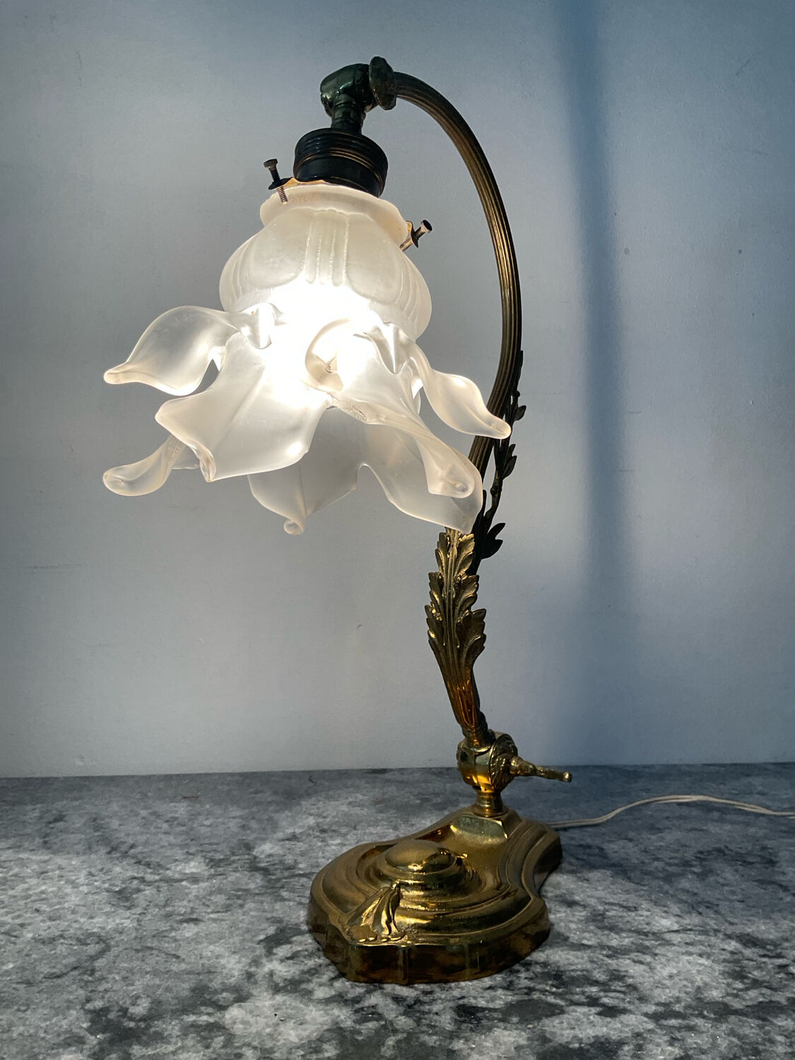 Bronze and glass paste swan neck lamp from the 1960s.