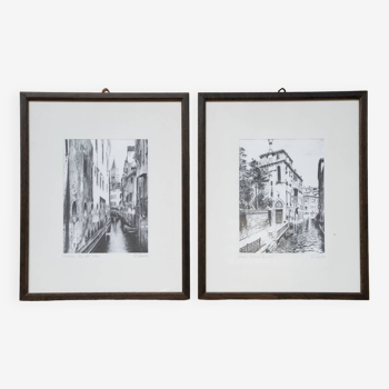 Pair of old Venice screen prints with gold frame, Rio del Lovo, signed D'Amico, 1970-1980