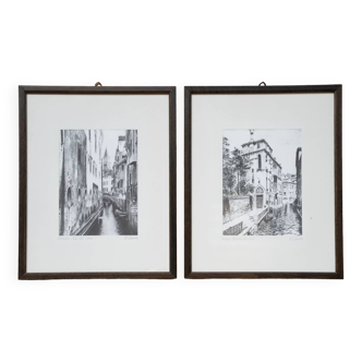 Pair of old Venice screen prints with gold frame, Rio del Lovo, signed D'Amico, 1970-1980