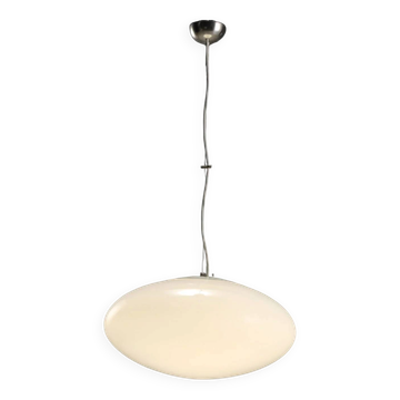 Vintage suspended lamp in UFO style made of enamelled metal and glass, designed in Italy in the 1960s.