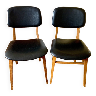 Set of 2 vintage black skai (faux leather) and wood chairs, Scandinavian style