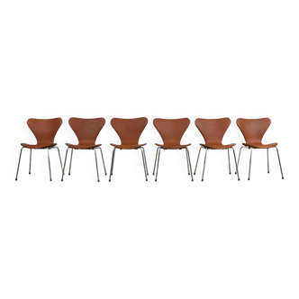 Ensemble de 6 chaises de salle à manger Butterfly en cuir cognac par Arne Jacobsen pour Fritz Hansen, Danemark 1979