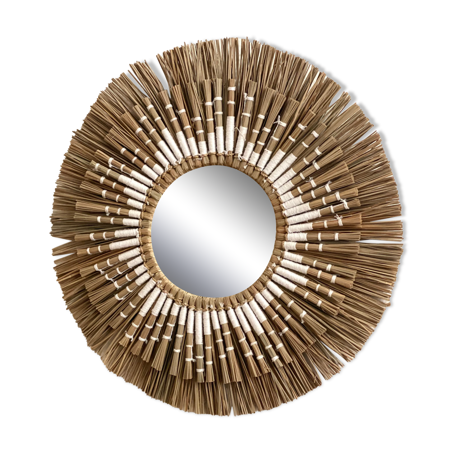 White bohemian raffia rattan and macrame sun mirror 40cm