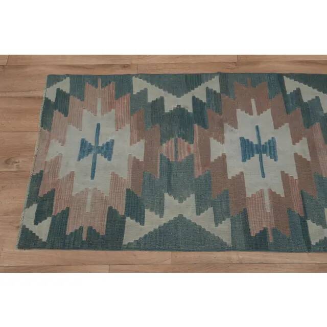 1970s Vintage Turkish Handmade Wool & Cotton Green Runner Rug  73x291