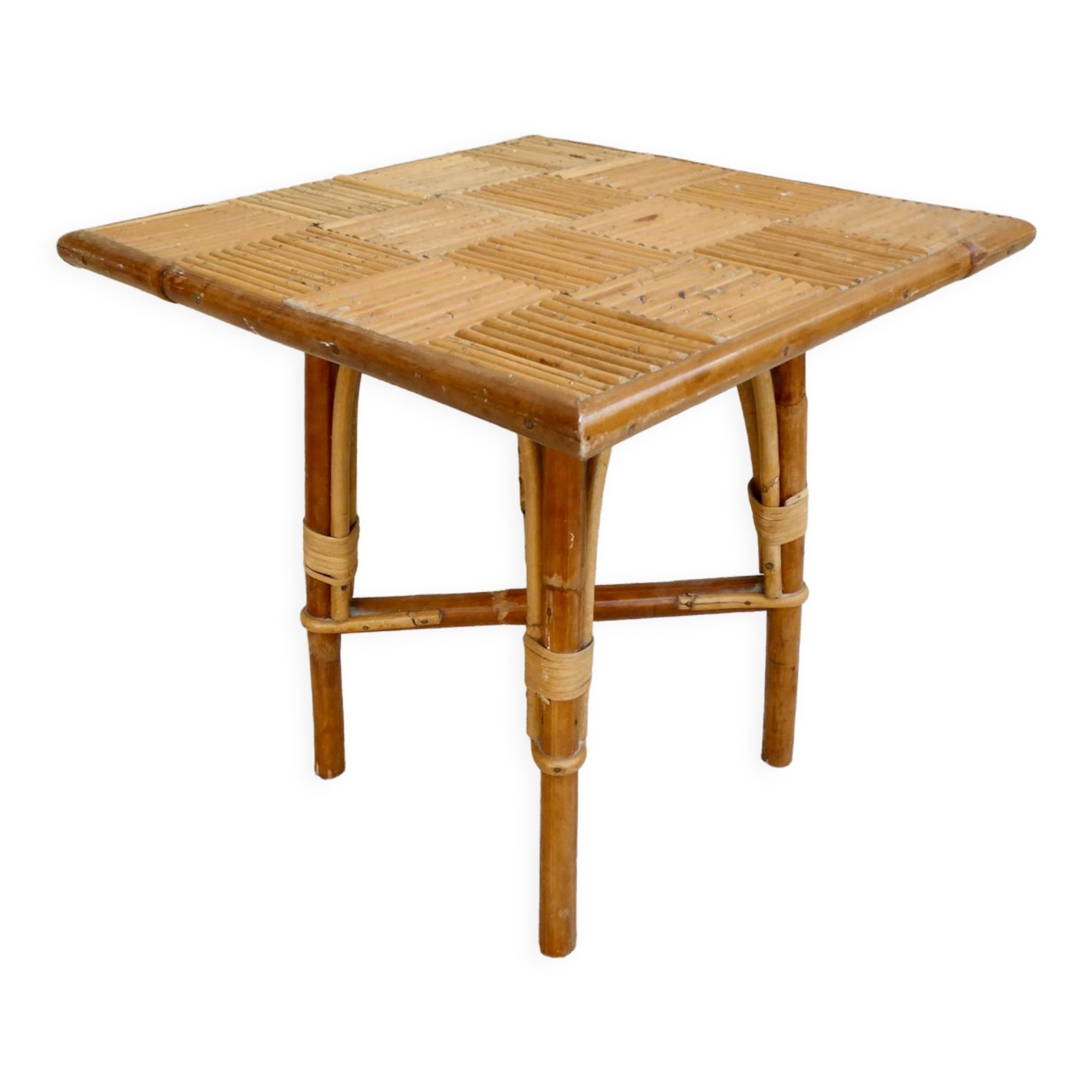 coffee table, rattan checkerboard sofa end