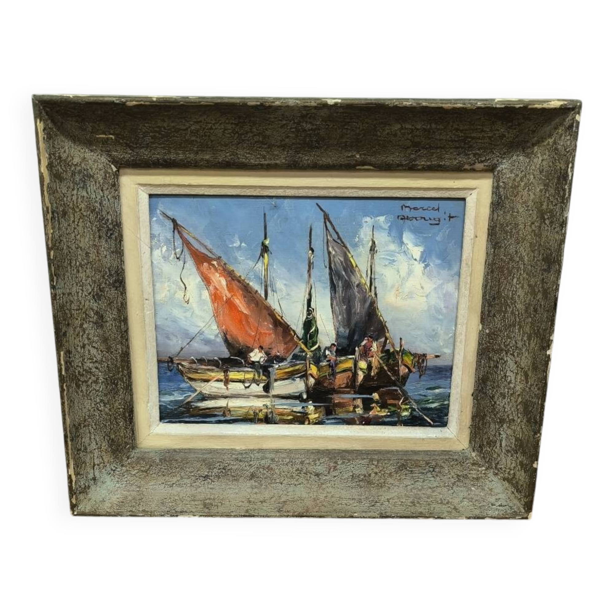 Huile sur toile marine Marcel Abougit Barques de pêcheurs Côte d'Azur