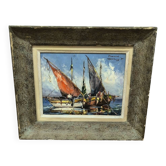 Oil on canvas, marine scene, Marcel Abougit, Fishing boats, French Riviera