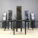 Chaises de salle à manger vintage en cuir noir à dossier haut, lot de 6, années 1980