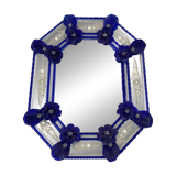 Elegant Italian Octagonal Murano Glass Mirror with Blue Floral Carved Detal