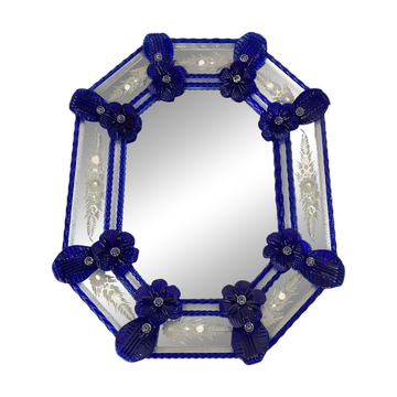Elegant Italian Octagonal Murano Glass Mirror with Blue Floral Carved Detal