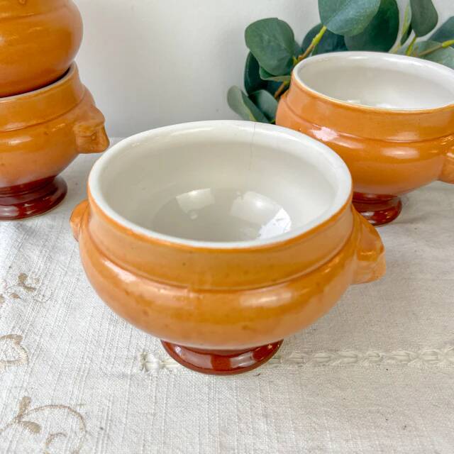 5 vintage Emile Henry lion's head onion soup bowls in ceramic - honey/brown gradient, made in France - traditional elegance
