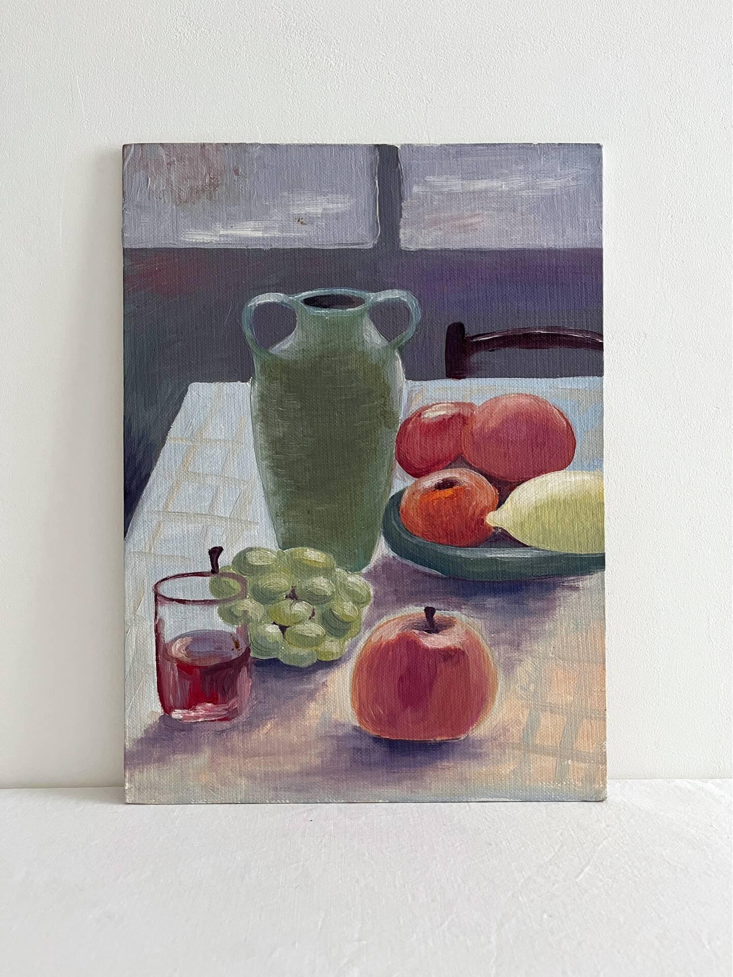Peinture ancienne huile sur carton nature morte fruits table