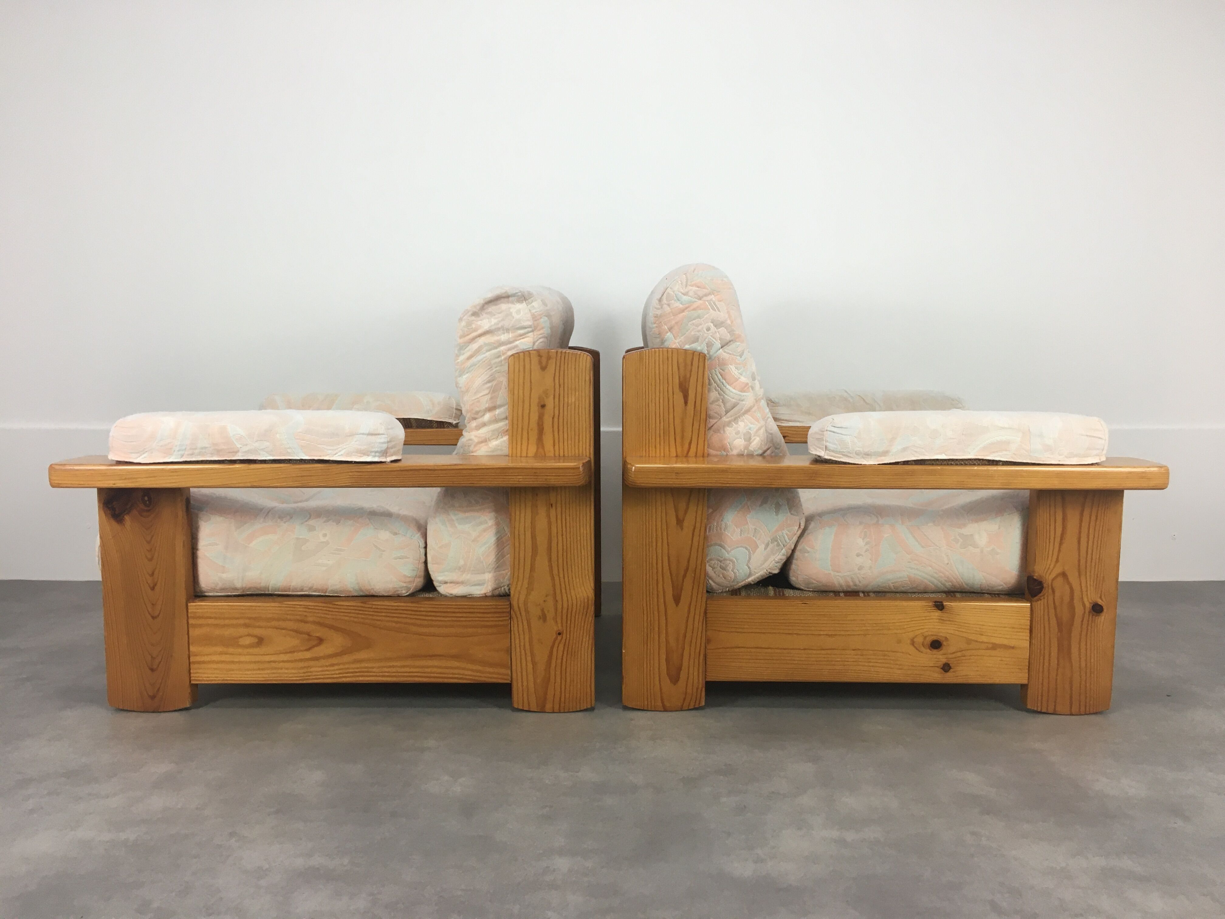 Pair of brutalist armchairs solid pine 60s-70s