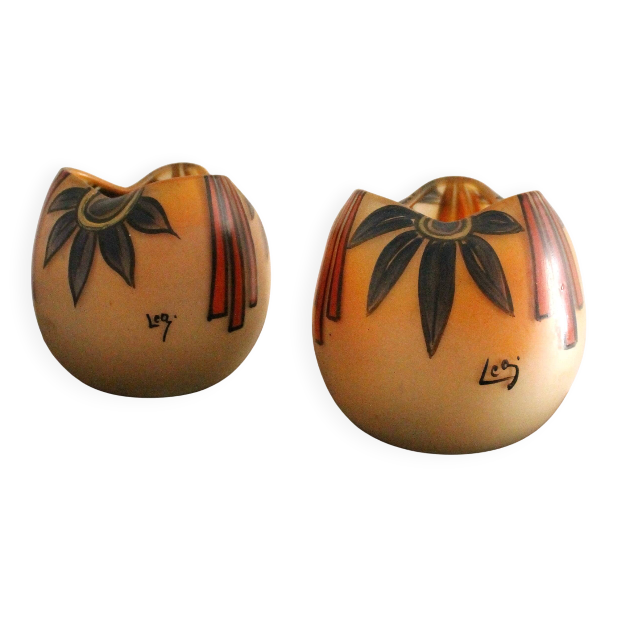 Pair of Legras Art Deco ball vases with orange tree decoration