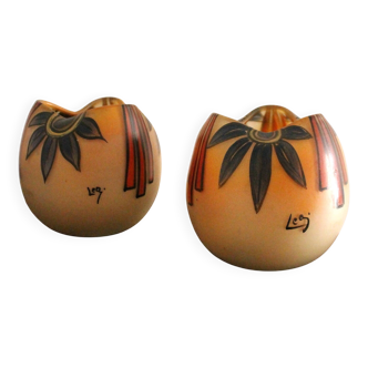 Paire de vases boules Legras Art Déco à décor oranger