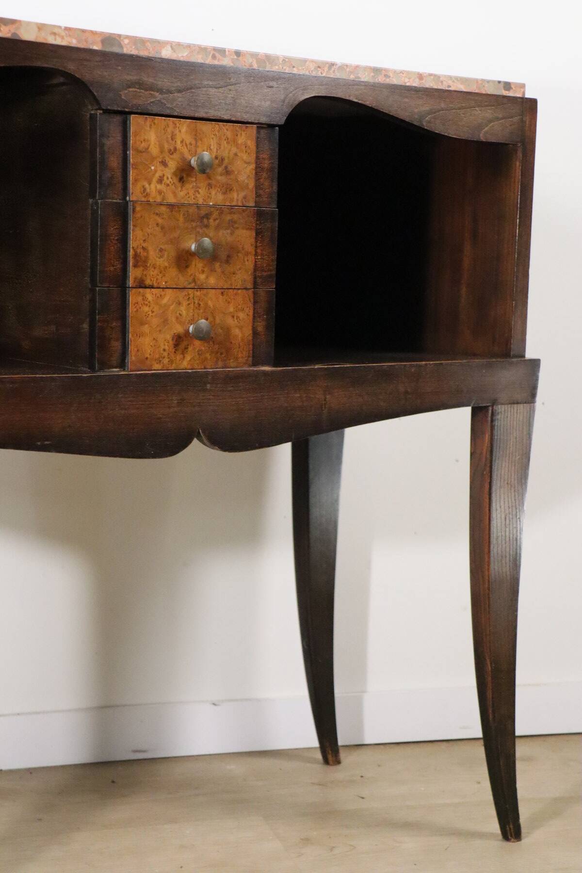 Vintage wooden and marble console table – classic style curved legs, 1950s