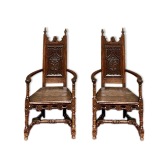 Pair of Armchairs in Gothic Style Walnut