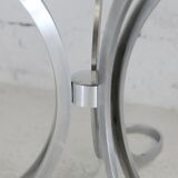 Living room table "Space Age" polished steel, circular slab smoked glass. France, circa 1970.