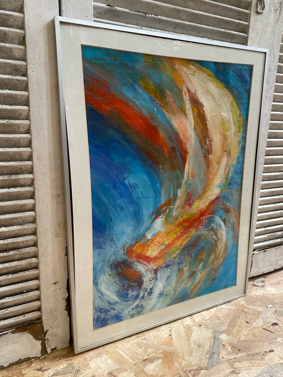 Old Oil On Paper JULIE Boat 89 + Grey Aluminum Frame