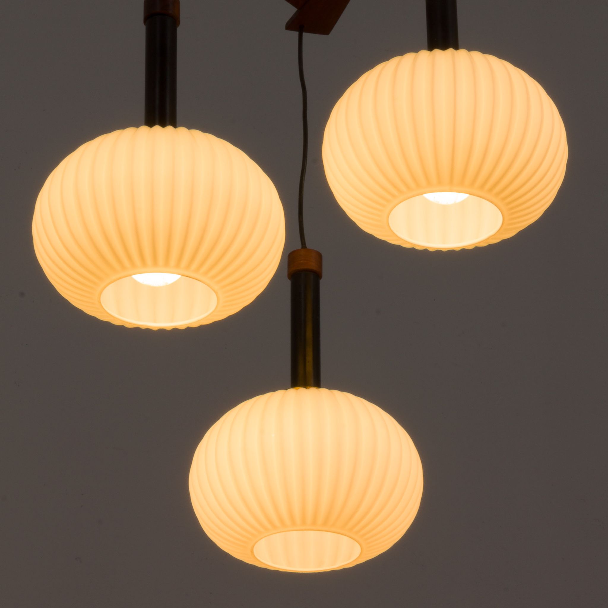 Ribbed glass and teak pendant lamp, 60s.