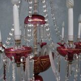 Lustre pampilles XIXème verre coloré doré et dorure