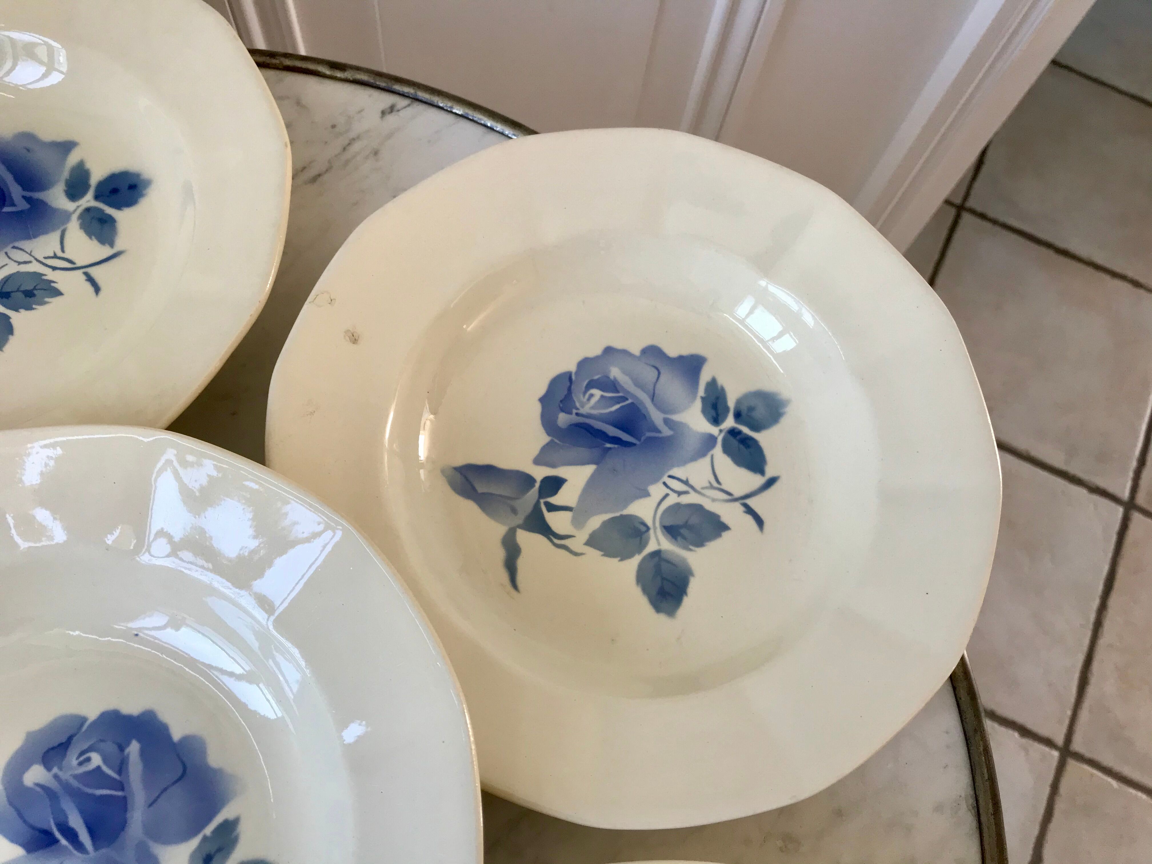 6 hollow plates Digoin Sarreguemines blue flowers 30s