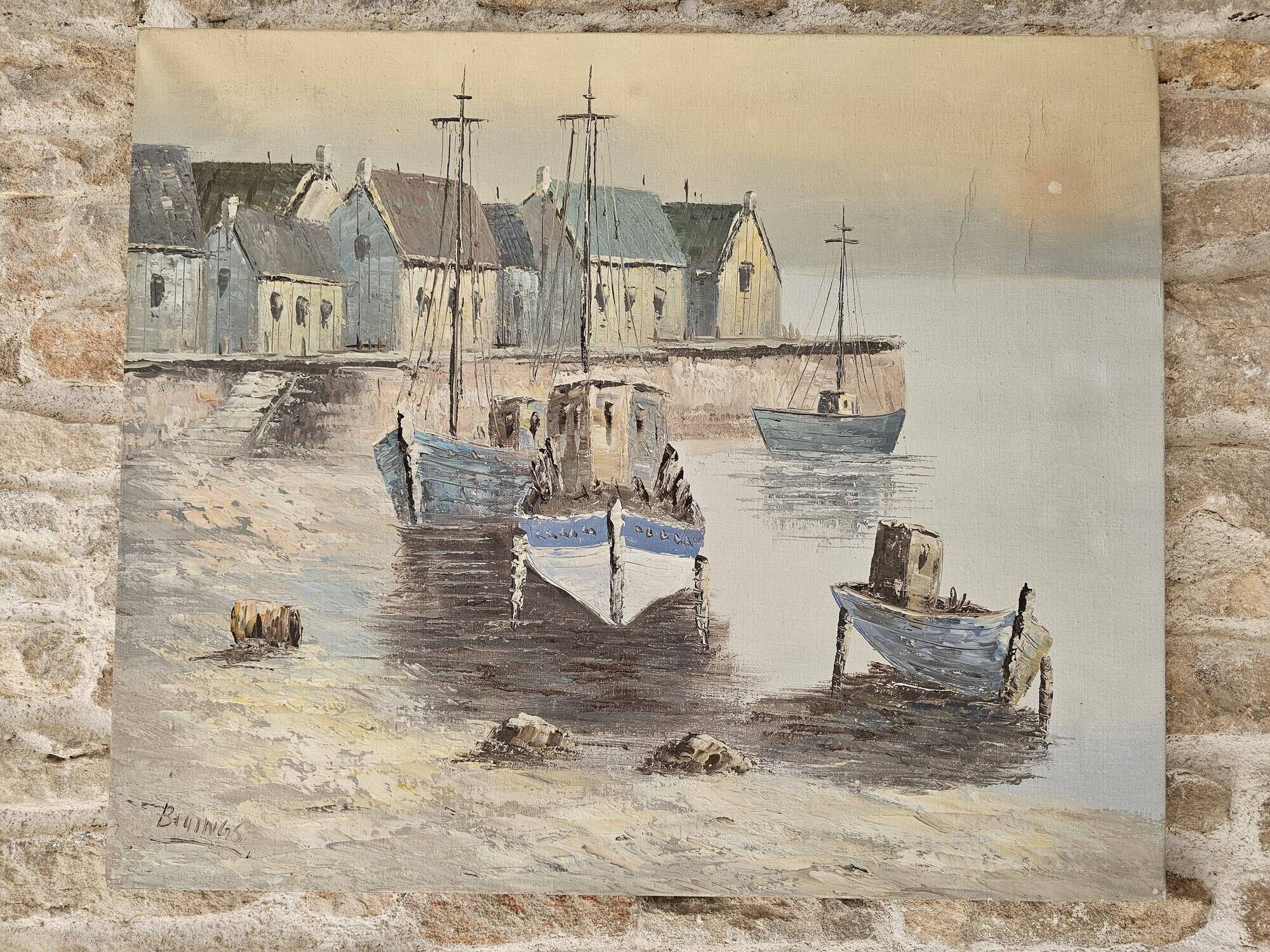 Oil on canvas - Marine, fishing port in a village signed Billings