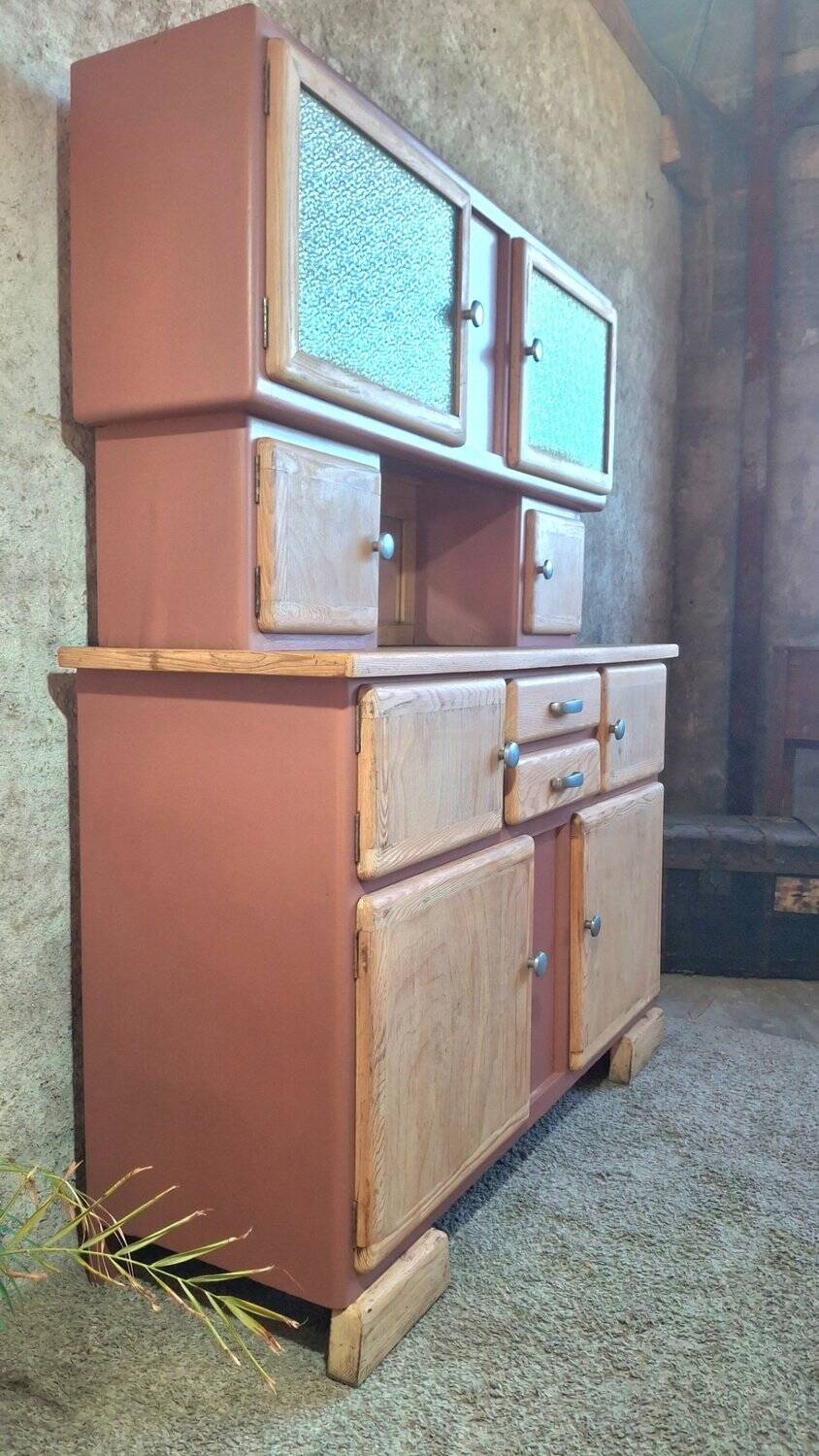 Mado two-body vintage kitchen buffet from the 1950s – cathedral glass